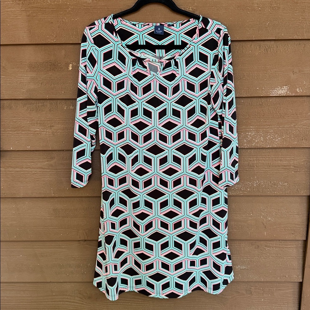 Kaari Blue Multicolor Geometric Teal, Black, Neon Pink 3/4 sleeve dress size M